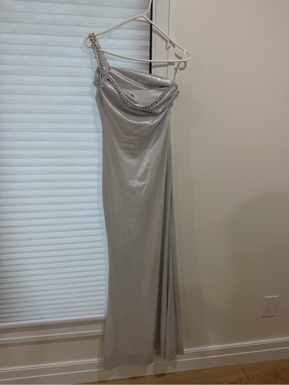 Club L London Silver One-Shoulder Evening Gown with Draped Neckline